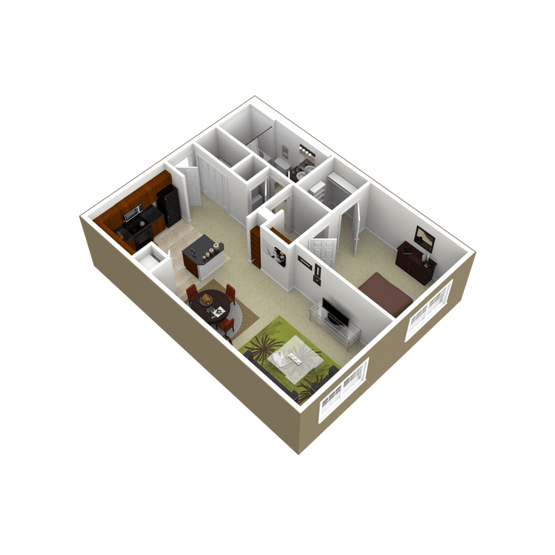 Floor plan for 1 bed, 1 bath, 752 sqft